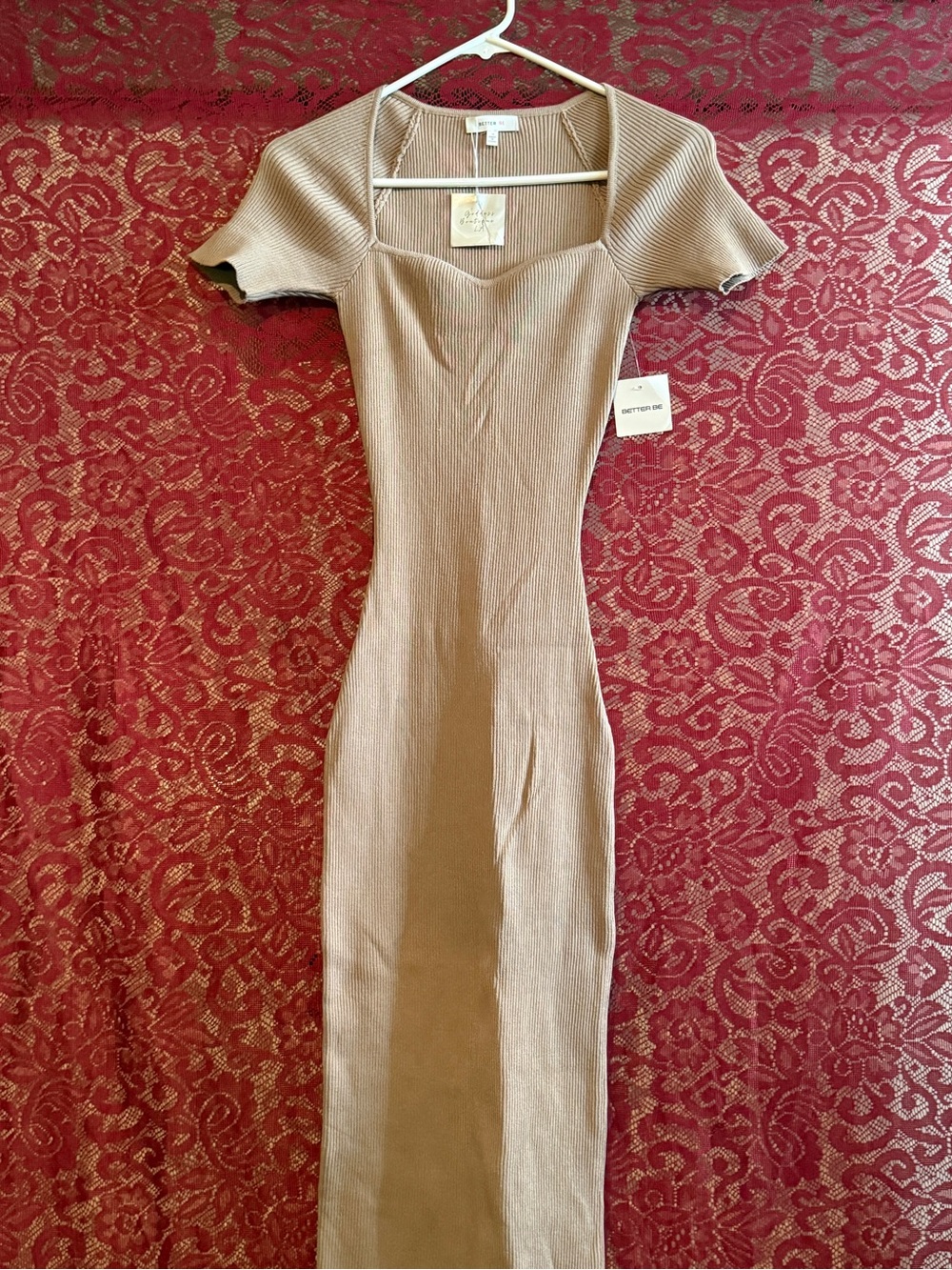 Better Be Ribbed Knit Midi Dress Taupe Sweetheart Neck Size M NWT